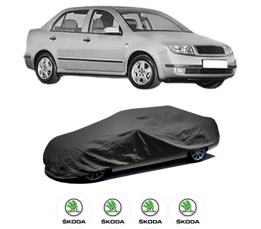 Husa tip prelata auto pentru SKODA FABIA I Saloon (6Y3) din 1999-2007, Culoare Negru, material textil impermeabil, rezistanta la intemperii praf UV, CARPASSION Husa Protectie, 4 Stickere auto cu SKODA