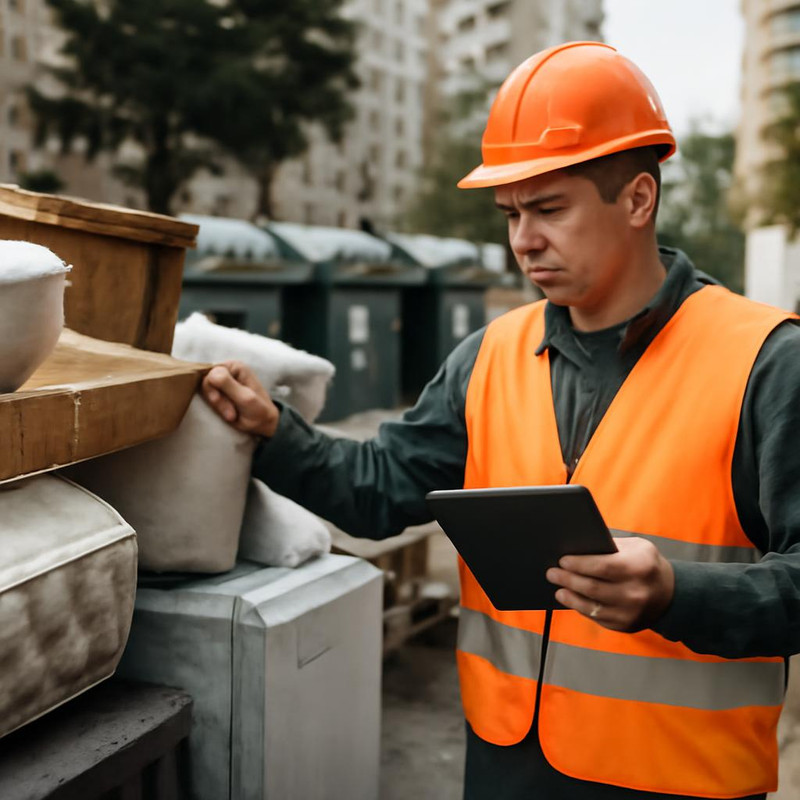 Специалист оценивает объем крупногабаритного мусора перед вывозом