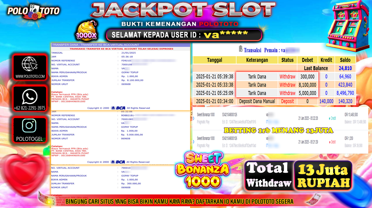 POLOTOTO JACKPOT SLOT SWEET BONANZA 1000 Rp.13,400.000,-