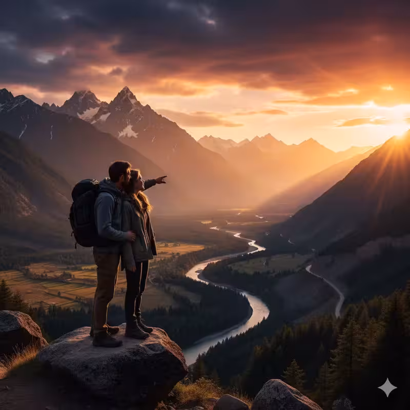 A couple looking out at a scenic mountain valley during sunset