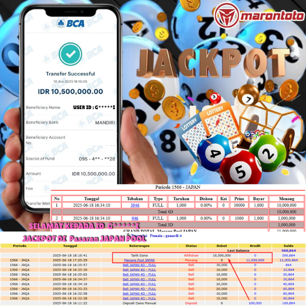 Bukti Kemenangan Member Marontoto Sebesar 10,500,000 JuTa