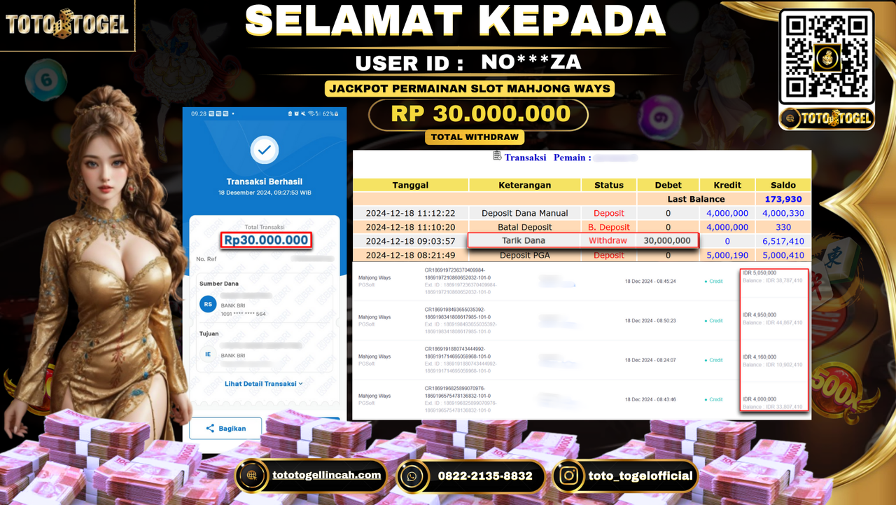 Bukti Pembayaran Jackpot Permainan Slot Mahjong Mays ID: NO***ZA LUNAS
