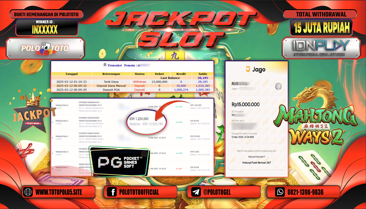 POLOTOTO JACKPOT SLOT MAHJONG WAYS 2 Rp.15.000.000,-