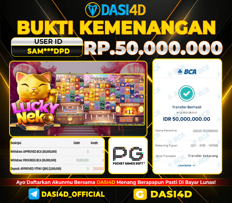 BUKTI KEMENANGAN  16 JULI 2025 DI LUCKY NEKO RP 50.000.000