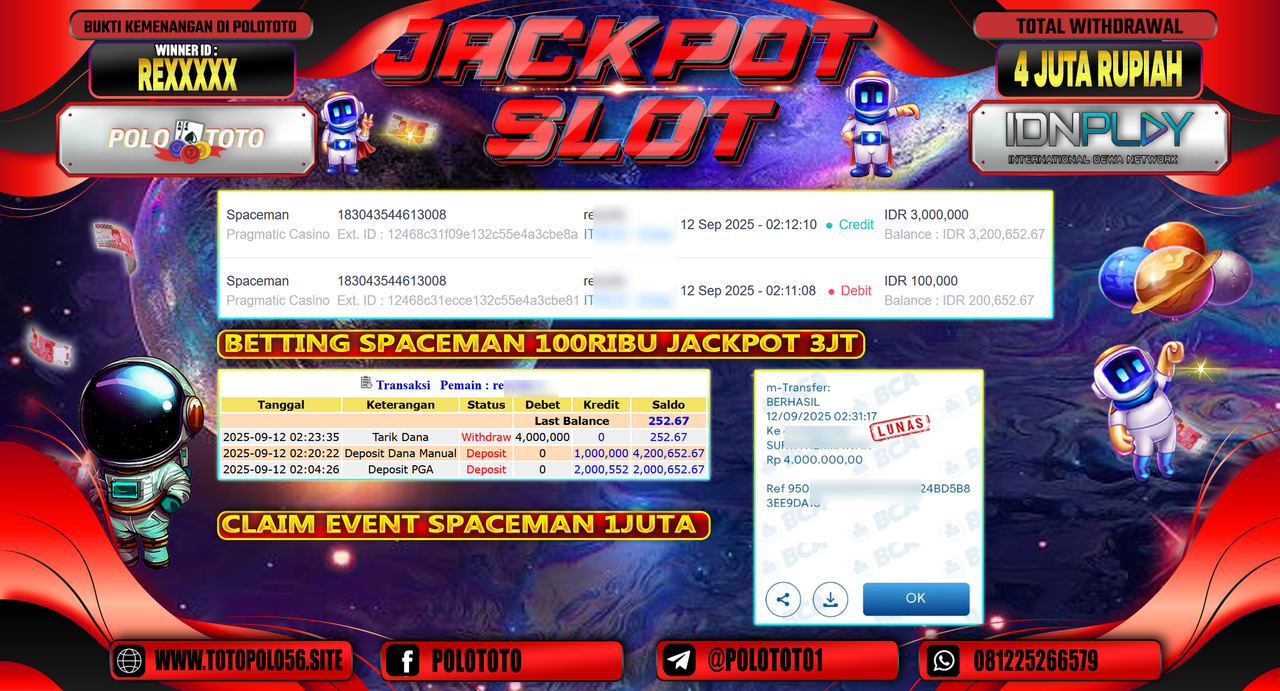 POLOTOTO JACKPOT SLOT SPACEMAN Rp.4.000.000,-
