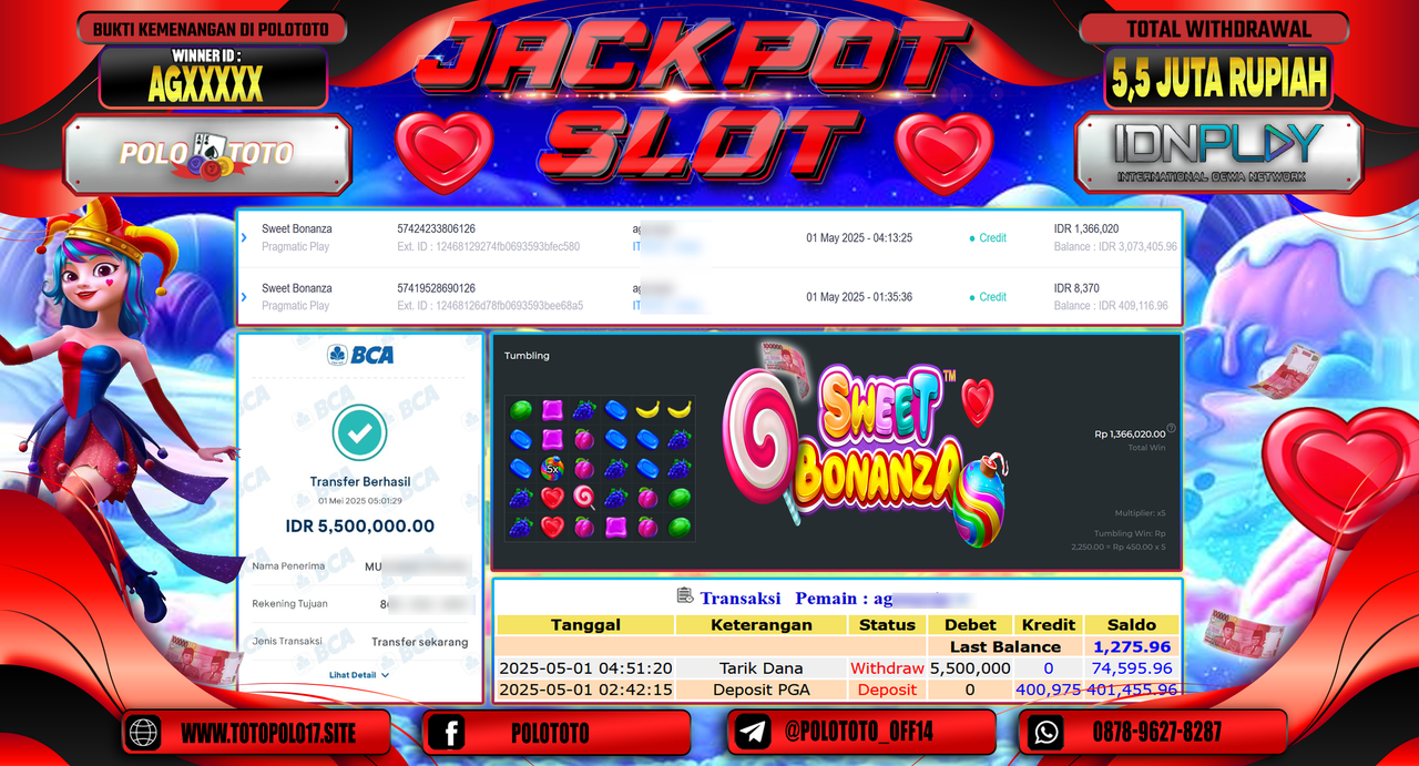 POLOTOTO JACKPOT SLOT SWEET BONANZA Rp.5.500.000,-