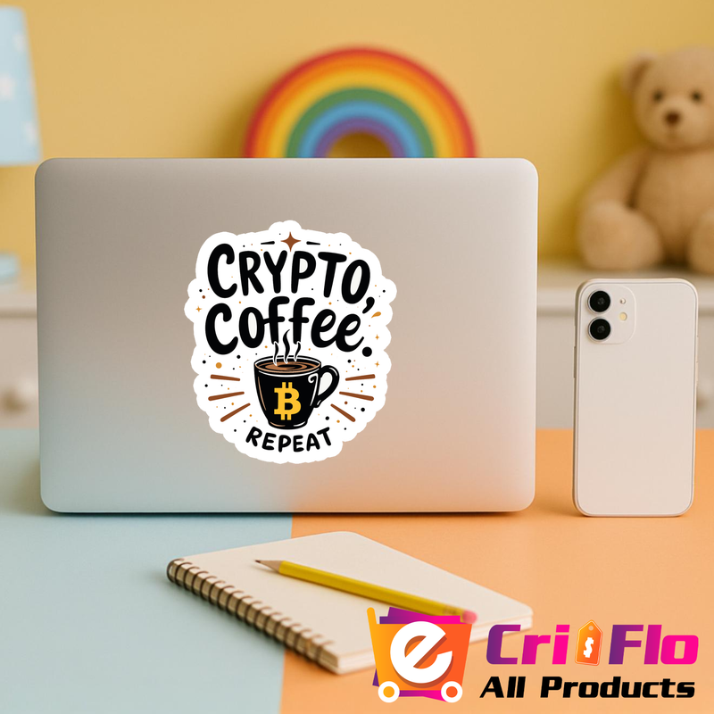 Sticker Crypto Coffee Repeat, Cafea Crypto Repeta, Autoadeziv, Cri-Flo, Marime 10 Cm