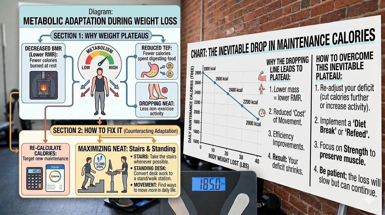 Person walking up stairs and using standing desk to increase NEAT for why your weight plateaus during a cut and how to fix it