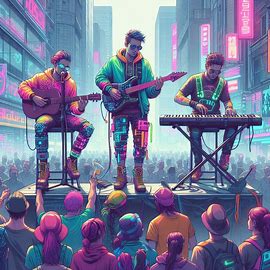 Зобразити вуличний музичний гурт у містіі кіберпанку вони є виконавцями електронної музики мають сучасні інстркменти і виступають на імпровізованій сцені. Їх троє. Гітарист, піаністка і виконавиця. Їхній одяг неоновий і яскравий перебивається різним кольорами. Навколо них зібралися глядаці  ( для сюжету книги)