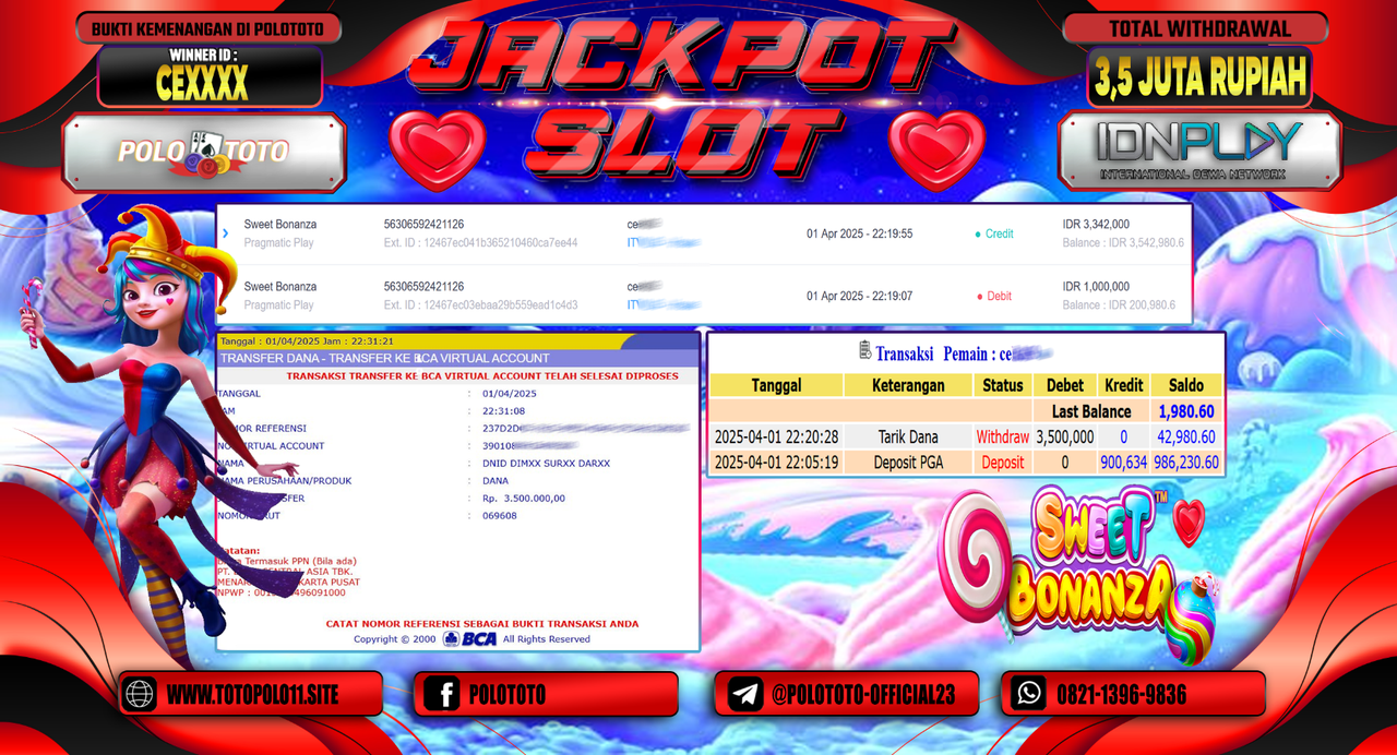 POLOTOTO JACKPOT SLOT SWEET BONANZA  Rp.3.500.000,- LUNAS
