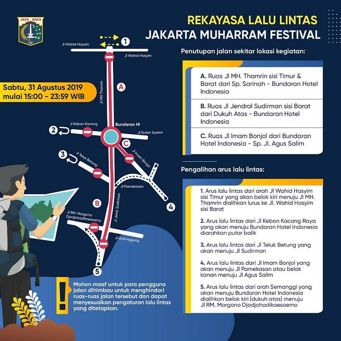 Rekayasa lalu lintas yang diberlakukan Dinas Perhubungan Provinsi DKI Jakarta saat Jakarta Muharram Festival.