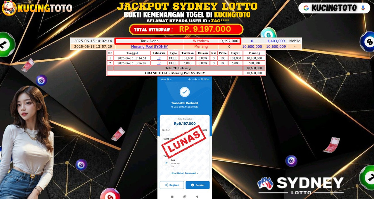 KUCINGTOTO JACKPOT TOGEL SYDNEY LOTTO RP.9.197.000.,- LUNAS