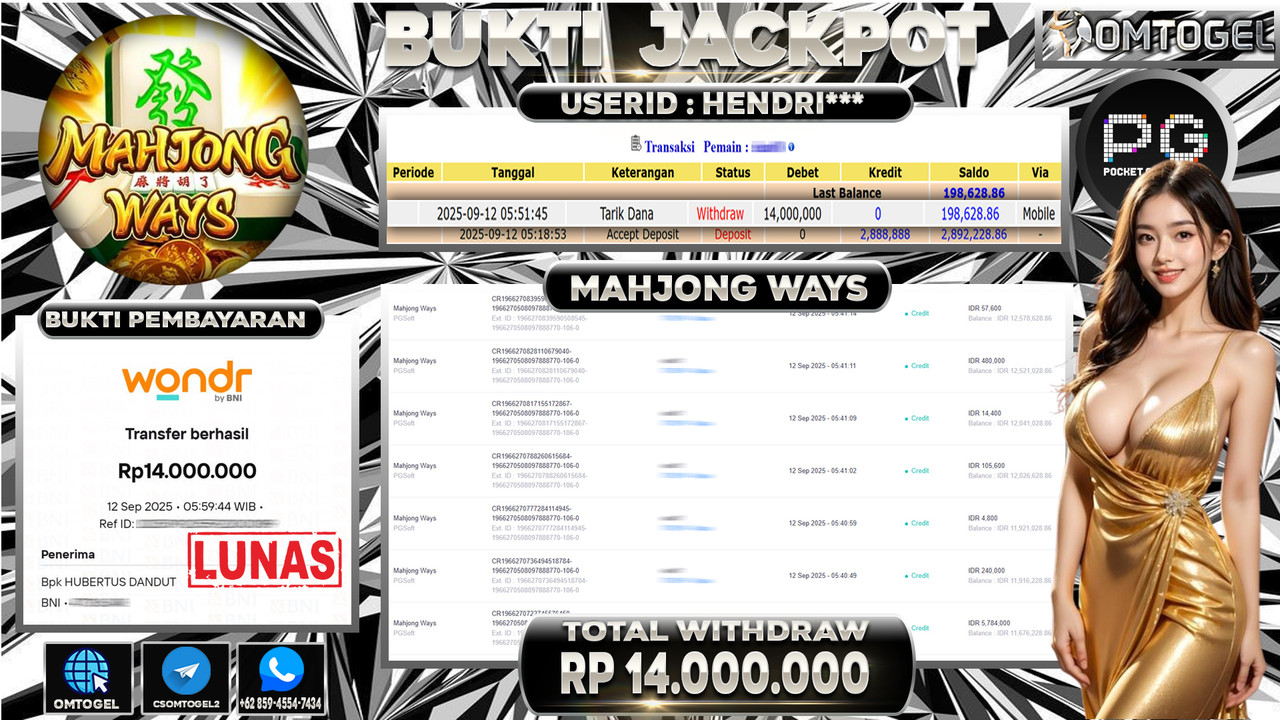 OMTOGEL JACKPOT PGSOFT MAHJONG WAYS 14 JUTA DI BAYAR LUNAS ,-