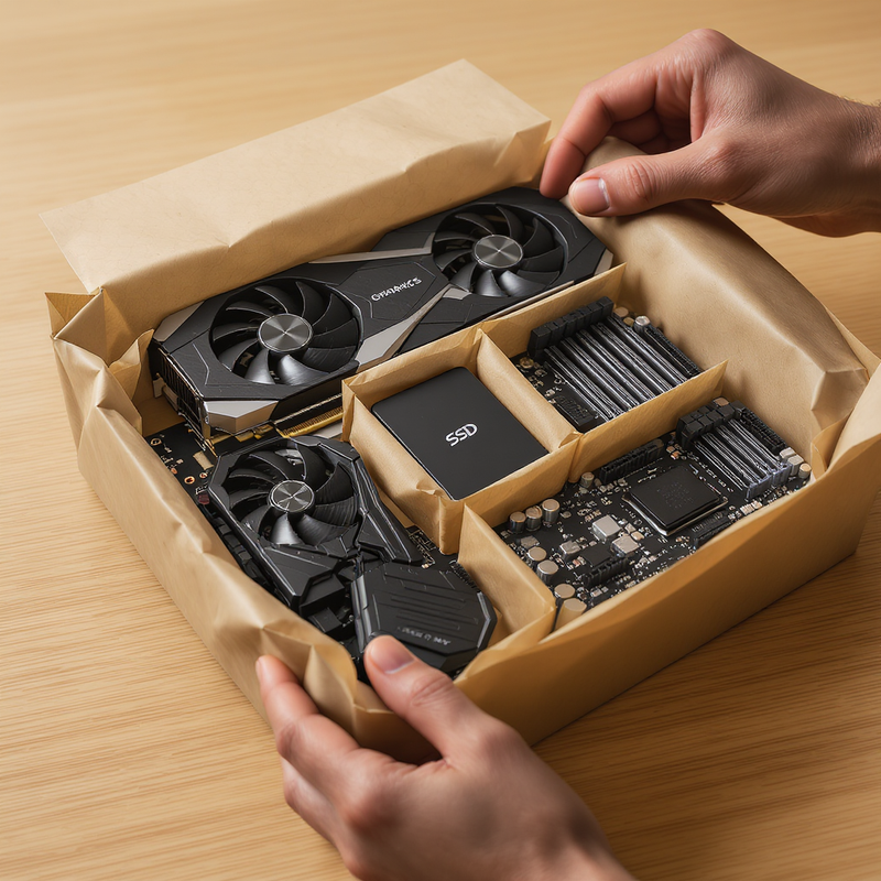 Безопасная доставка компонентов ПК: как защитить видеокарты, матплаты и SSD с помощью крафт бумаги соты