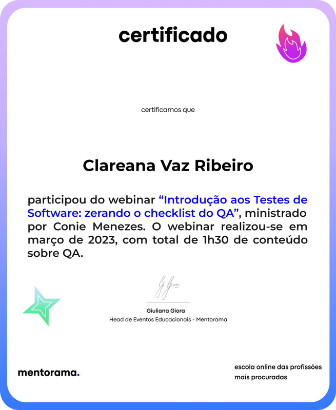 Certificado de Participação - QA Webinar Mentorama