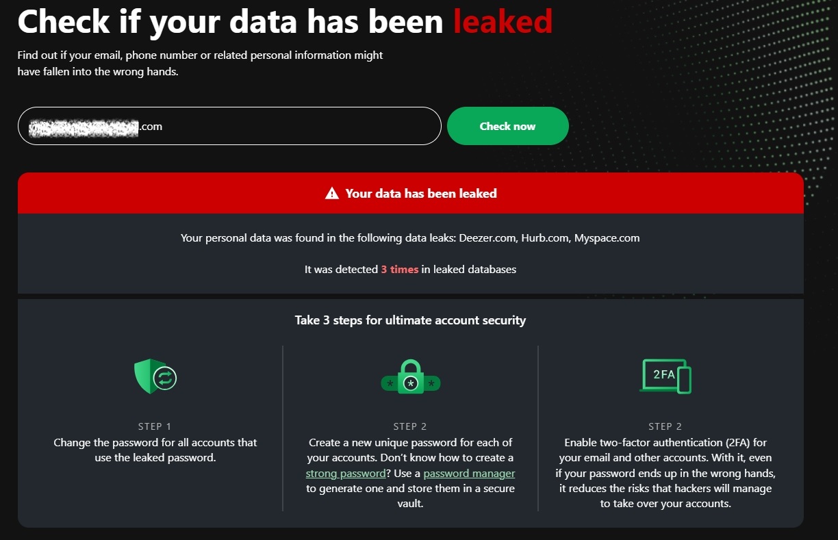 Ferramenta da Cybernews que informa se o e-mail/telefone foi comprometido.