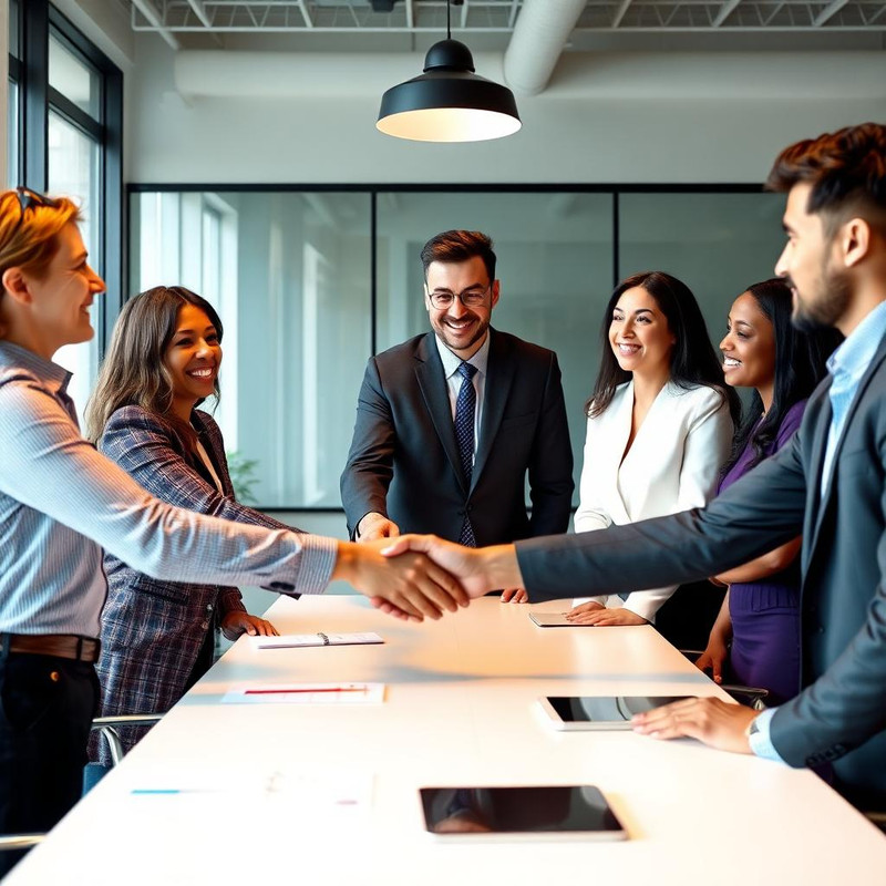 Tim rekan kerja berbincang dan berjabat tangan di kantor modern