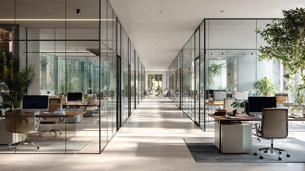 Офис с стеклянными перегородками, пропускающими естественный свет