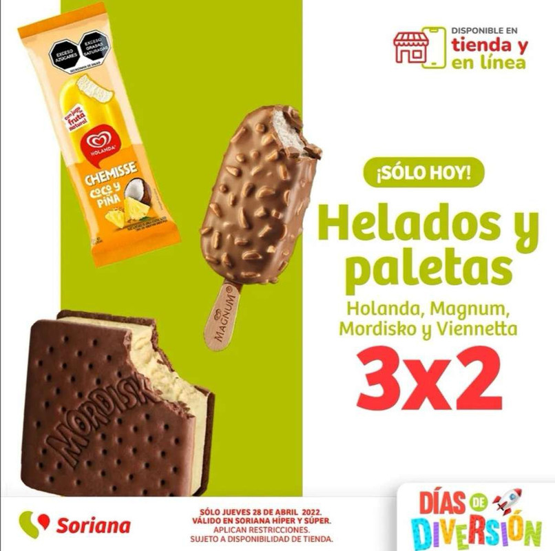 Soriana Híper y Súper: 3 x 2 en Helados y paletas Holanda, Magnum, Mordisko y Viennetta 