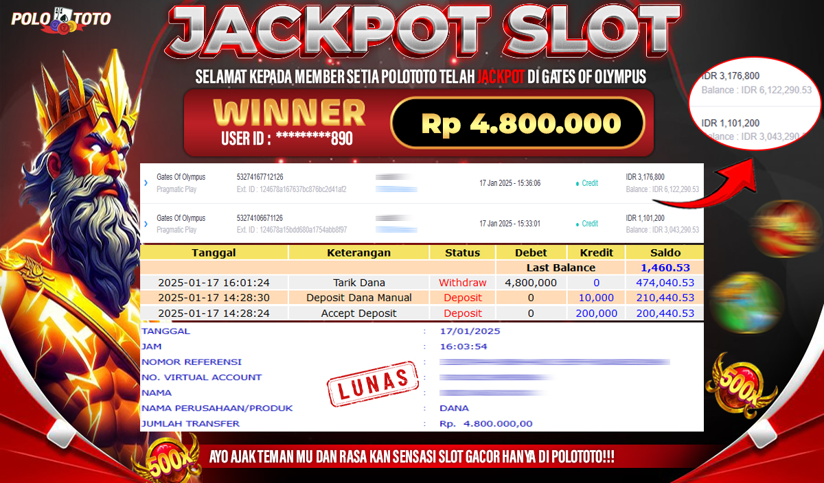 POLOTOTO JACKPOT SLOT GATES OF OLYMPUS Rp.4,800.000,-