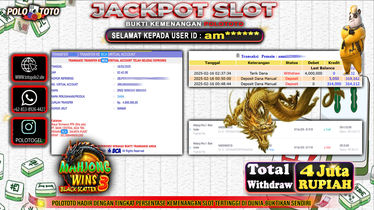 POLOTOTO JACKPOT SLOT MAHJONG WINS BLACK SCATTER 3 Rp.4.000.000,-