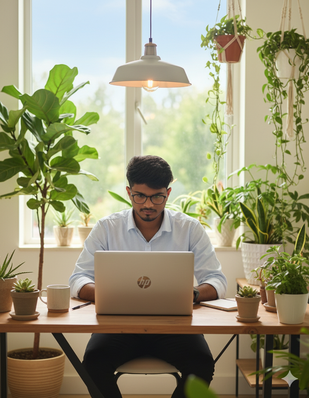 Kanha Behera working on a laptop
