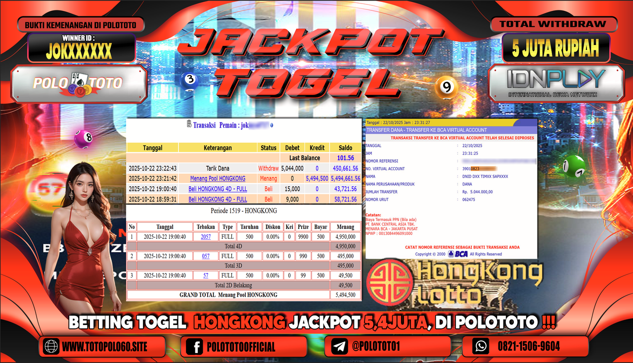 POLOTOTO JACKPOT TOGEL MENANG HONGKONG LOTTO Rp.5.000.000,- LUNAS