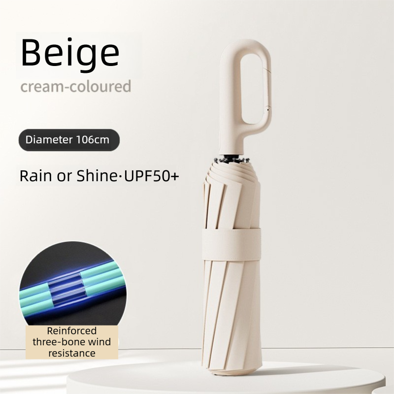 Beige Heavy Duty Fully Automatic Carabiner Umbrella with Integrated Hook Handle (Diameter 106CM) - Ultra Windproof and UV Protective Sun & Rain Umbrella