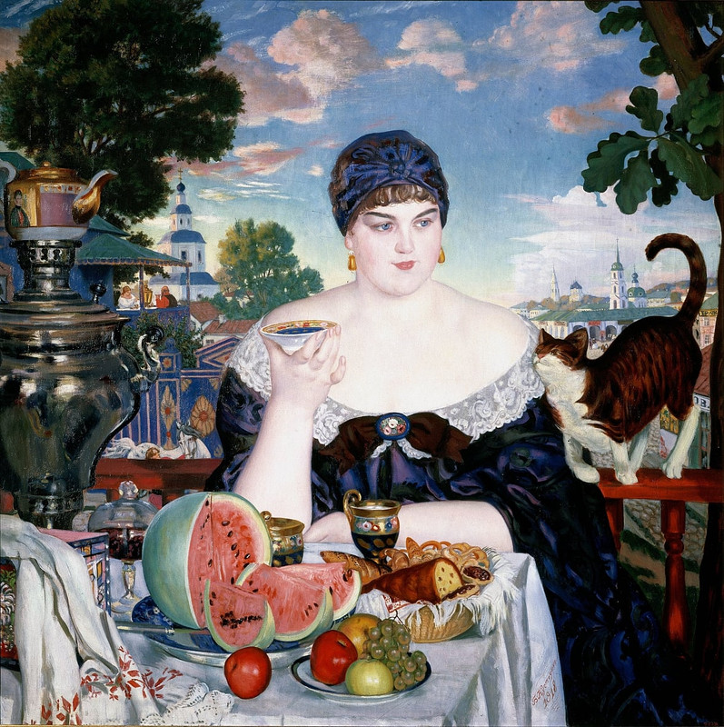 Boris-Mihajlovic-Kustodiev-Merchants-Wife-at-Tea-Meister-Drucke-2417