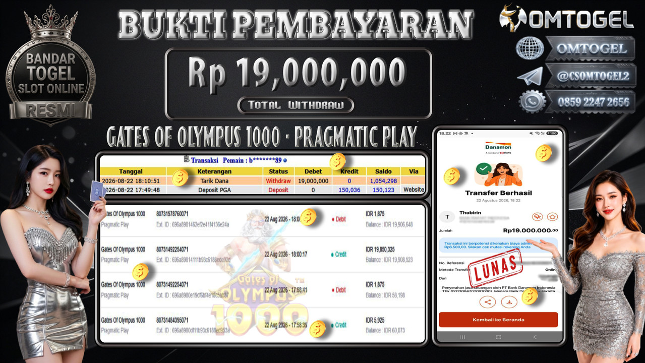 OMTOGEL JACKPOT PRAGMATIC PLAY GATES OF OLYMPUS 1000 Rp,19,000,000,- DIBAYAR LUNAS