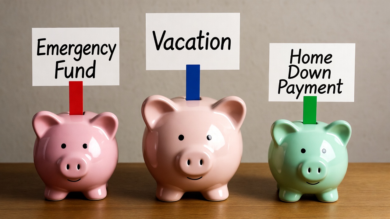 Financial goal planning with piggy banks labeled for emergency fund, vacation, and home down payment