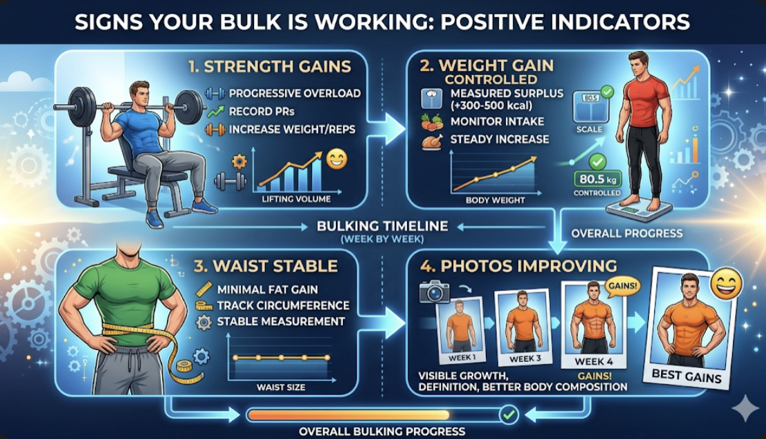Chart showing signs bulk is working: strength up, weight gain controlled, waist stable, photos improving, representing bulking progress signs