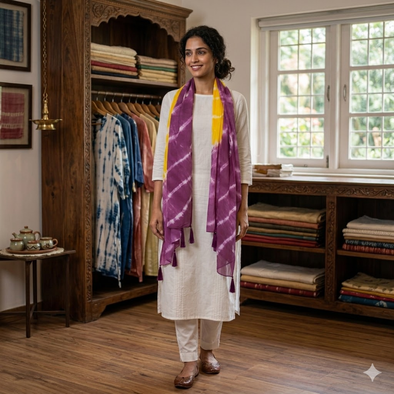 Sunshine Yellow with Purple Tie & Dye MulMul Cotton Dupatta