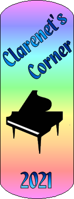 Oval shaped bookmark with a pastel rainbow background with the words Clarenet's Corner 2021 in bold blue text and a grand piano silhouette in the middle