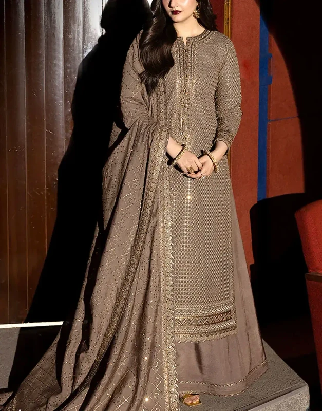 Taupe-Brown Embroidered Chiffon Party & Wedding Dress – Unstitched Luxury Outfit with Zari & Sequins Work