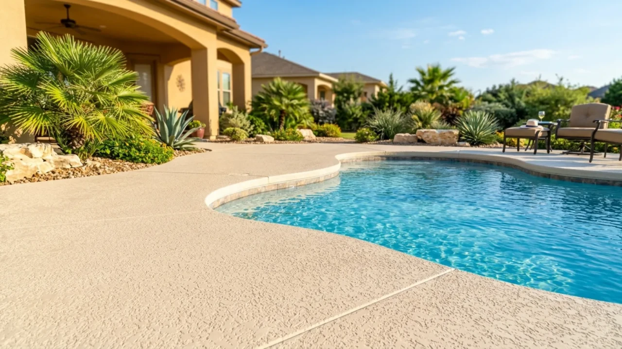 Finished resurfaced pool deck San Antonio backyard