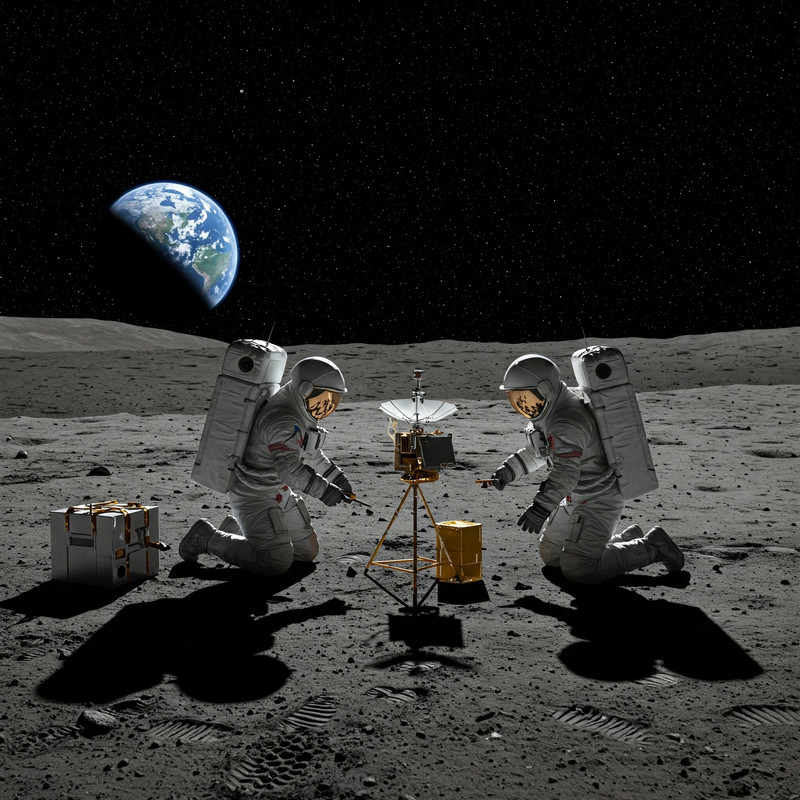 Detailed concept illustration of a multi-module lunar base integrated into the lunar landscape.