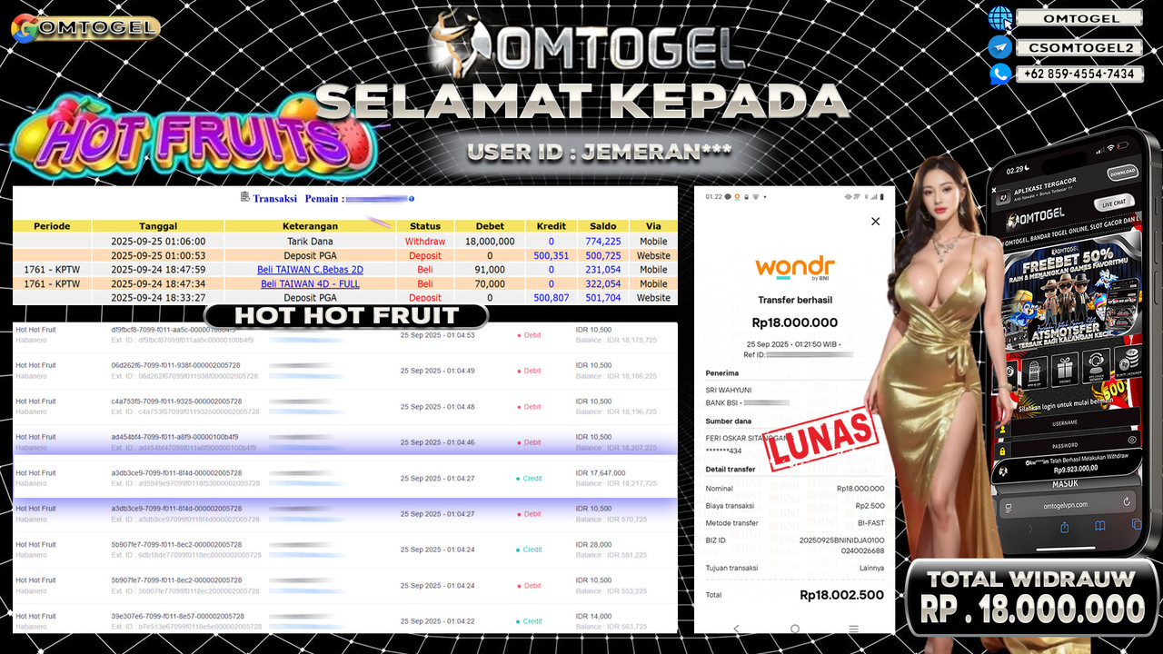 OMTOGEL JACKPOT HABANERO HOT HOT FRUIT 18 JUTA DI BAYAR LUNAS ,-
