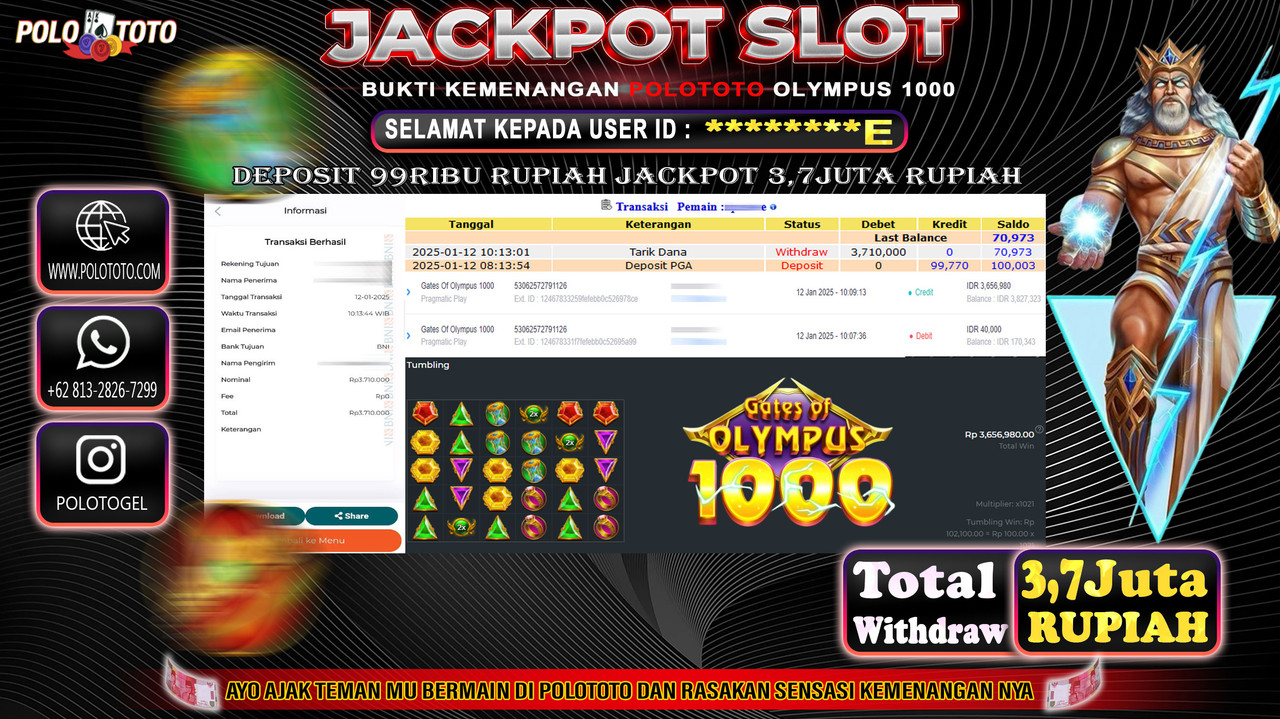 POLOTOTO JACKPOT SLOT GATES OF OLYMPUS 1000 Rp.3.710.000,- 