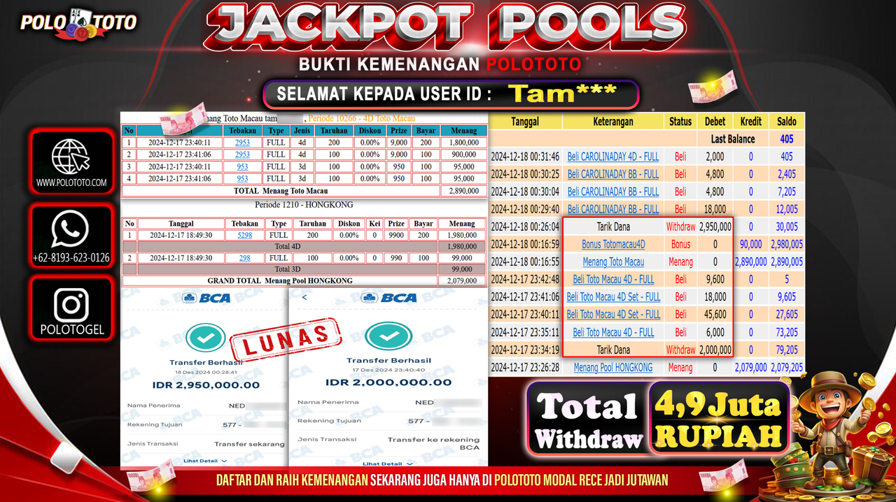 POLOTOTO JACKPOT TOGEL PASARAN HONGKONG & TOGEL TOTO MACAU Rp.4,950.000,-