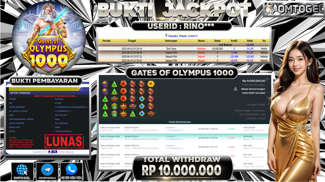 OMTOGEL JACKPOT PRAGMATIC PLAY GATES OF OLYMPUS 1000 10 JUTA DI BAYAR LUNAS ,-
