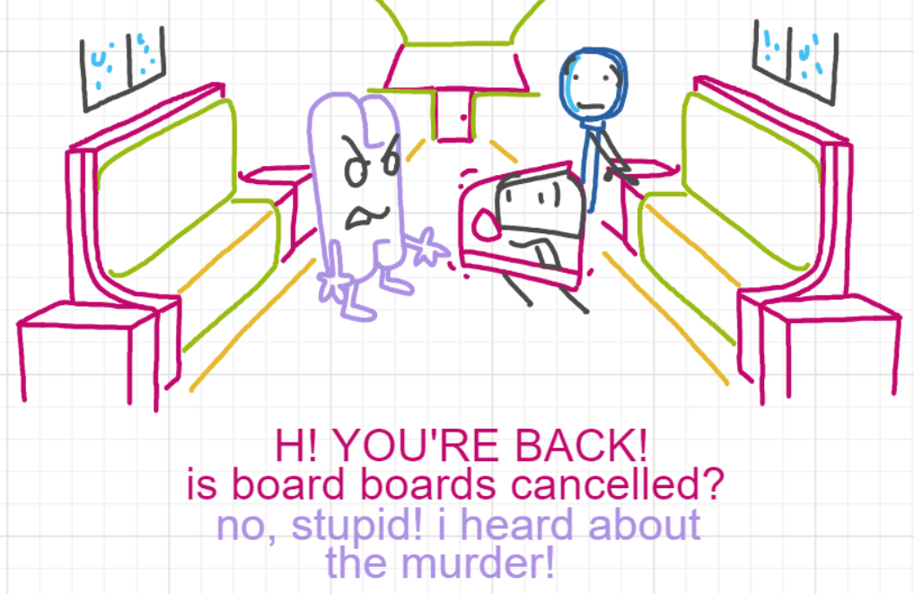 A panel from A Murder On The, episode six of the Board Boards object show by Furretwalk/WalkingFurret.