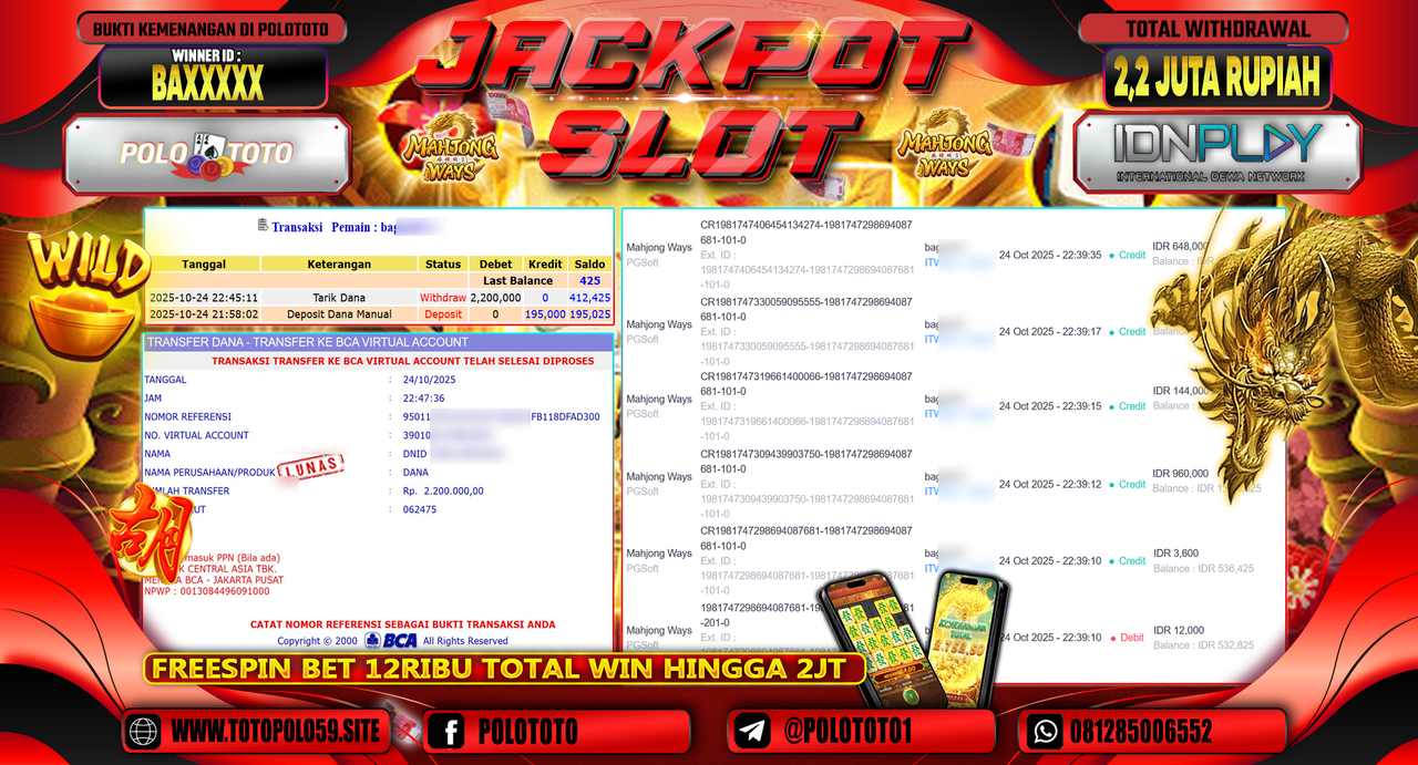 POLOTOTO JACKPOT SLOT MAHJONG WAYS Rp.2.200.000,- LUNAS