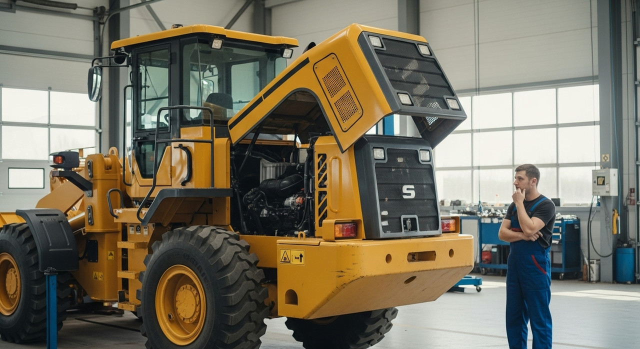 Фронтальный погрузчик в ремонтном боксе с открытым капотом для подготовки к замене силового агрегата