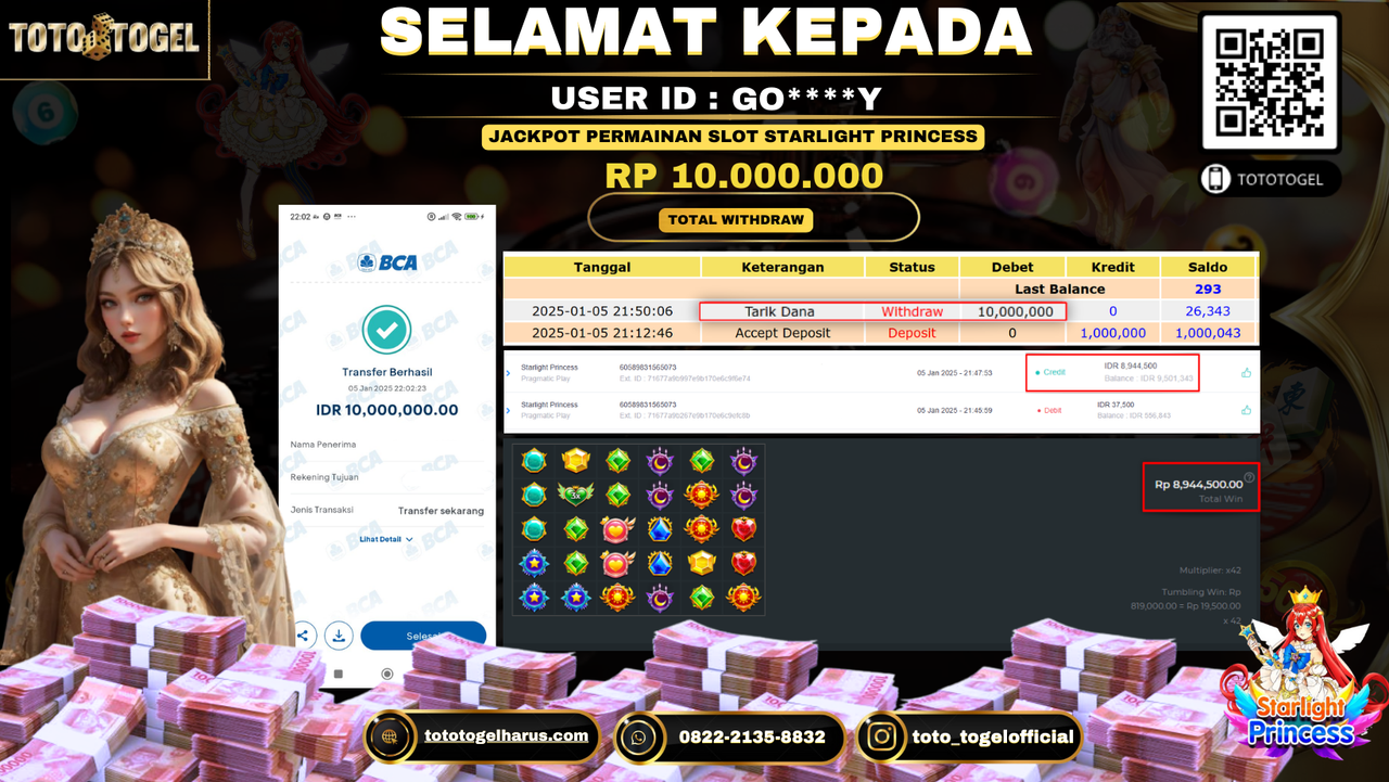 Bukti Pembayaran Jackpot  Permainan Slot Starlight Princess : GO*****Y LUNAS