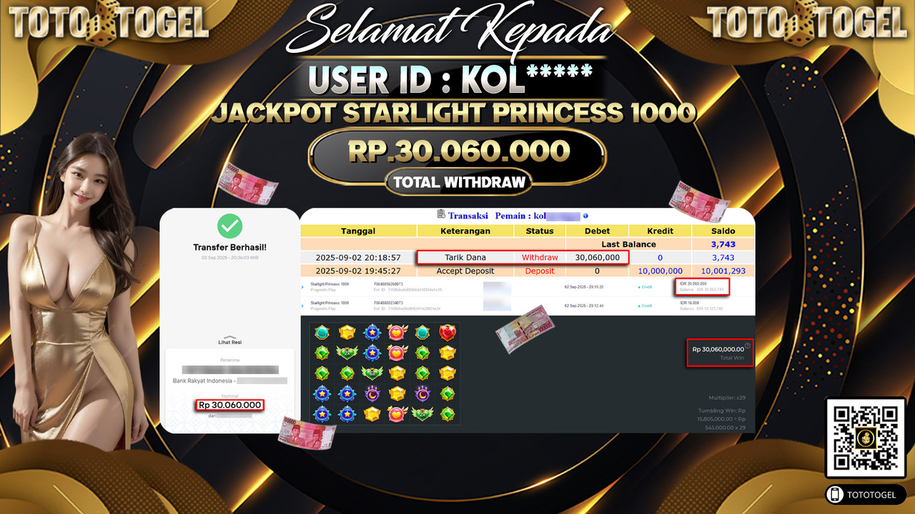 Bukti Pembayaran Jackpot Permainan Slot Starlight Princess 1000 ID:KOL***** LUNAS