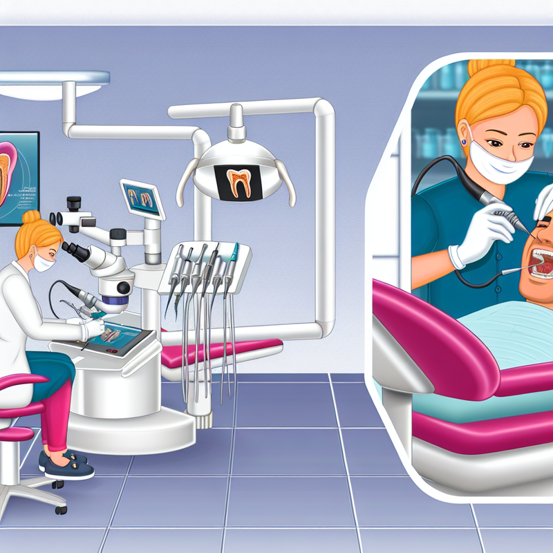 Схема лечения каналов зуба с использованием современных методов и технологий. На картинке показан стоматолог, работающий с микроскопом, различные этапы лечения и инструменты.