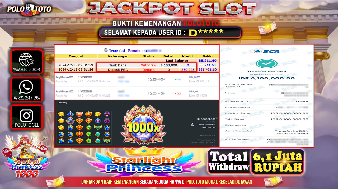 POLOTOTO JACKPOT SLOT STARLIGHT PRINCESS 1000 Rp.6,100.000,-