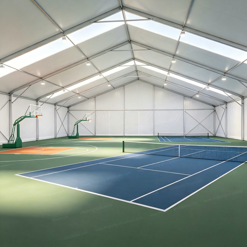 Sports court tent interior with clear span space for tennis and badminton court setup