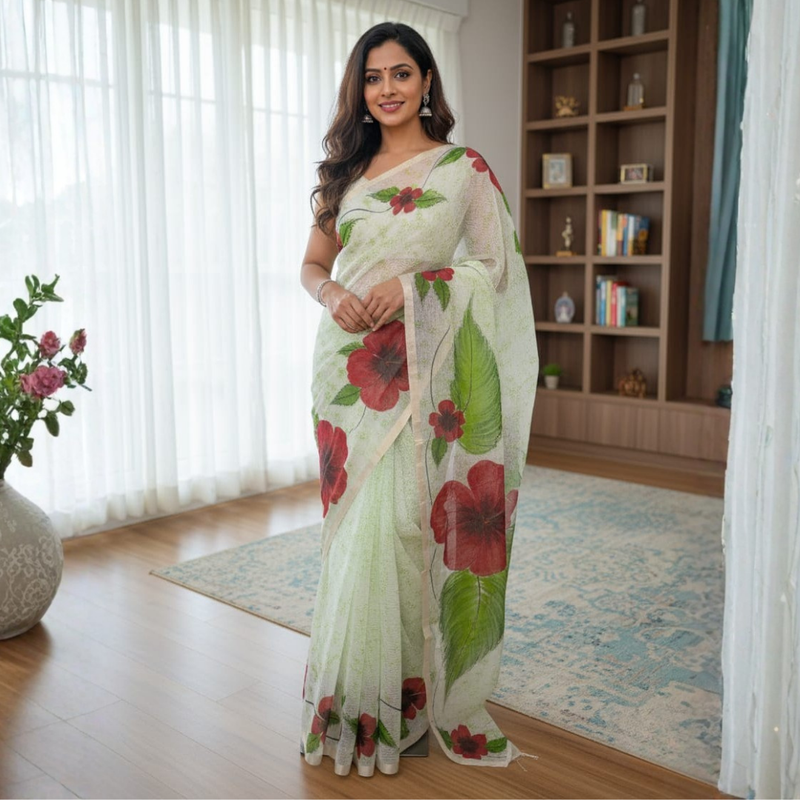 Handblock Printed Kota Doriya Saree | Sheer, Lightweight & Gracefully Textured Design - 5
